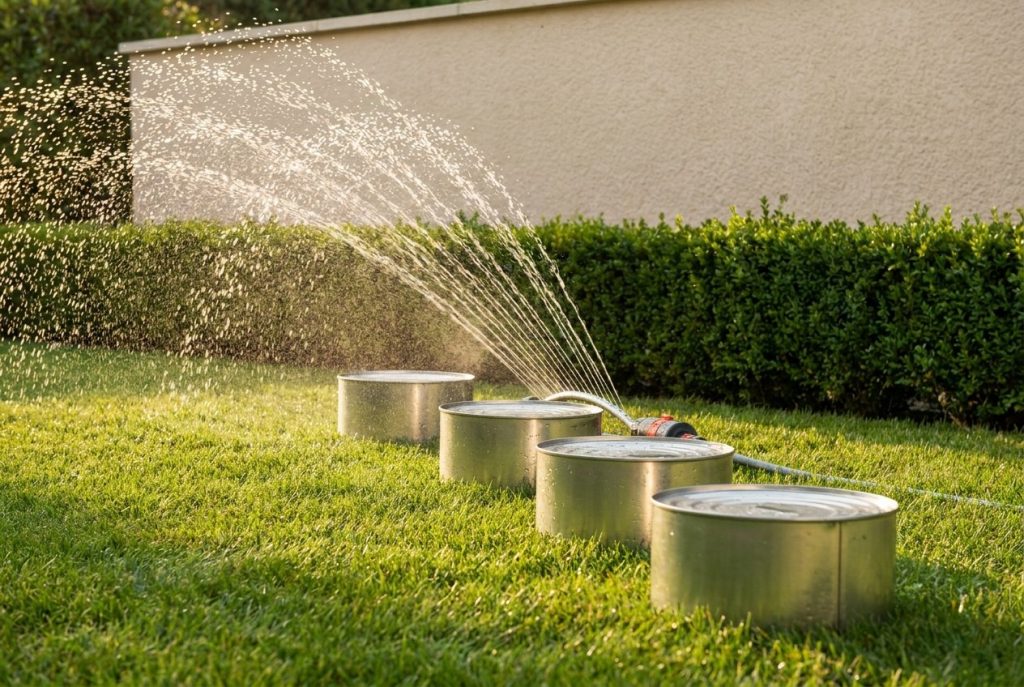 Boîtes métalliques posées sur la pelouse sous un arroseur oscillant pour mesurer l'apport d'eau
