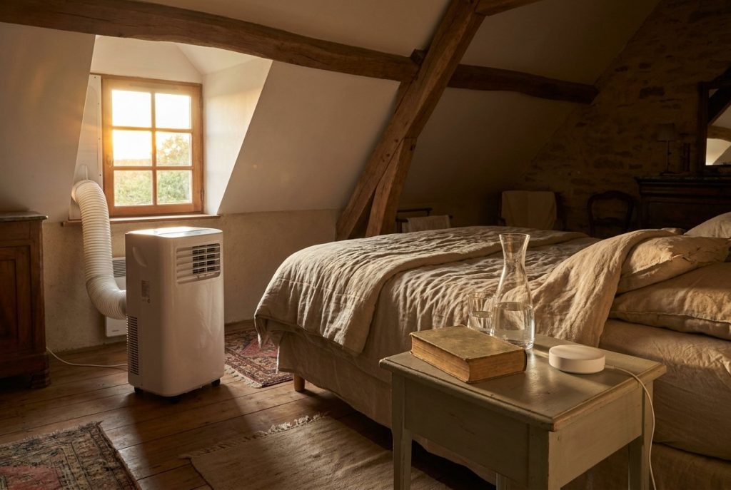 Chambre mansardée un soir d'été, climatiseur mobile et boîtier rond sur la table de chevet