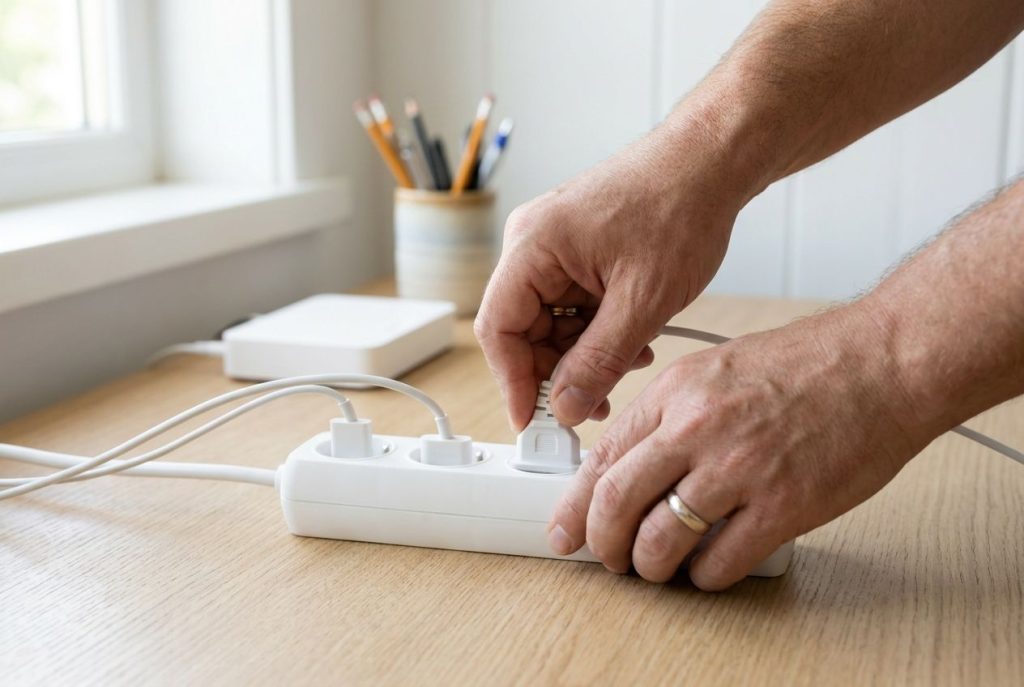 Mains branchant une fiche sur une multiprise blanche posée sur un bureau en bois