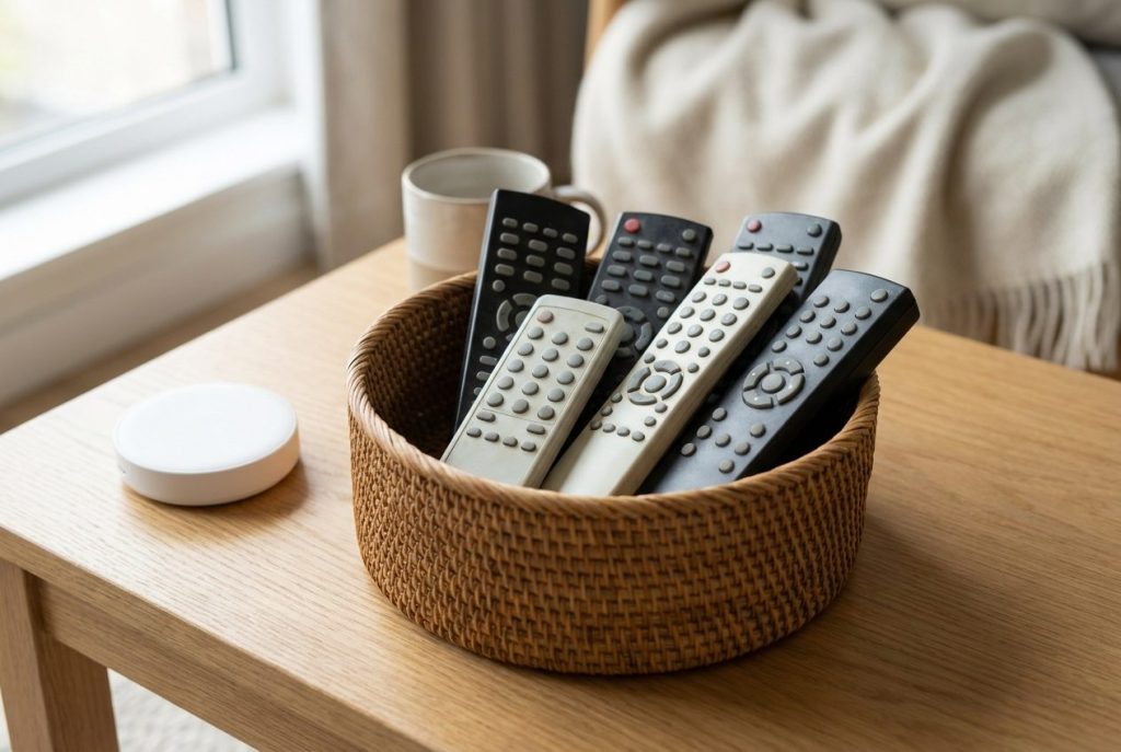 Panier en rotin rempli d'anciennes télécommandes sur une table basse en chêne clair