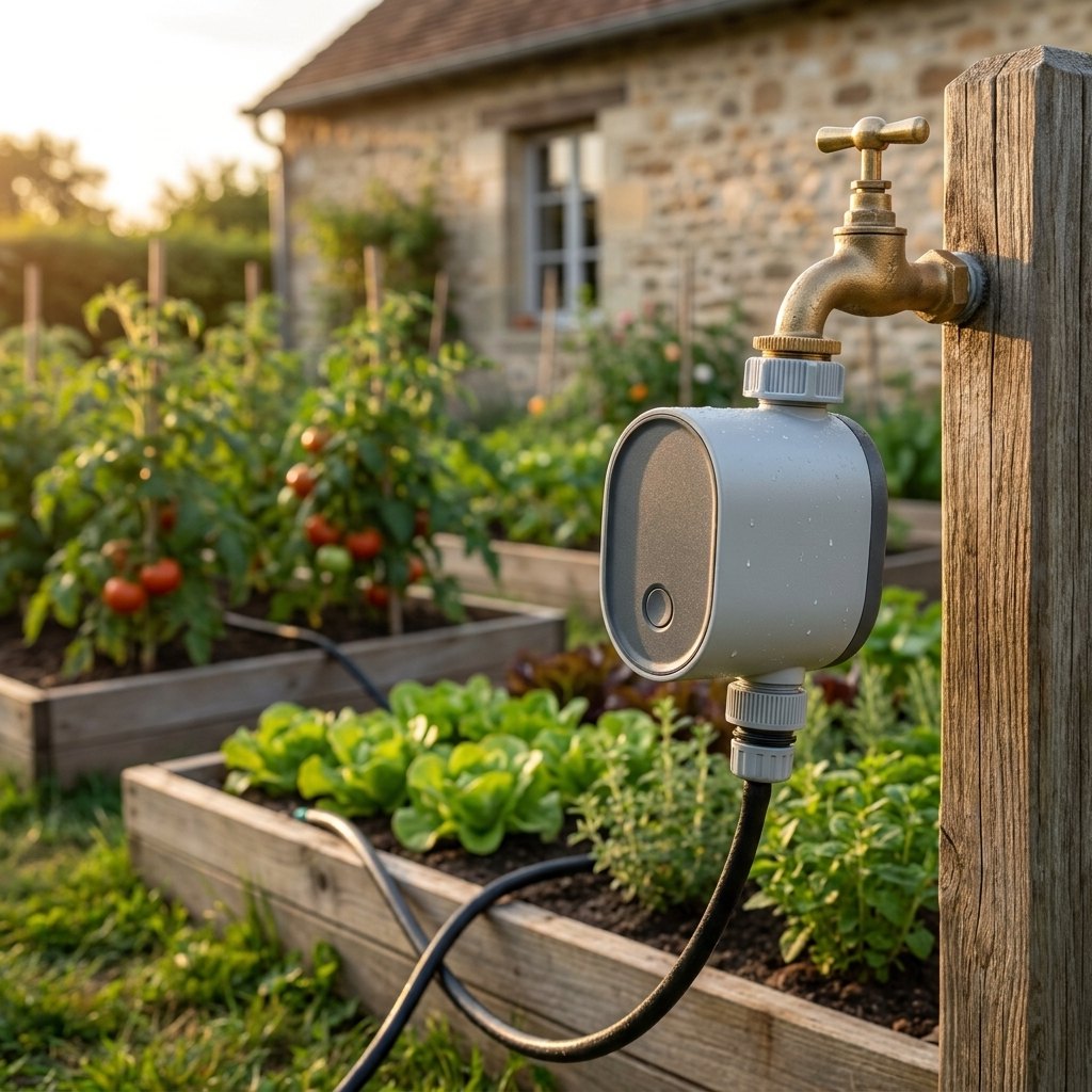 Programmateur sur un robinet en bord de potager, relié à un tuyau goutte-à-goutte