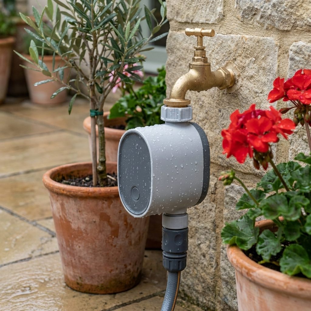 Programmateur couvert de gouttes de pluie sur le robinet d'une cour pavée