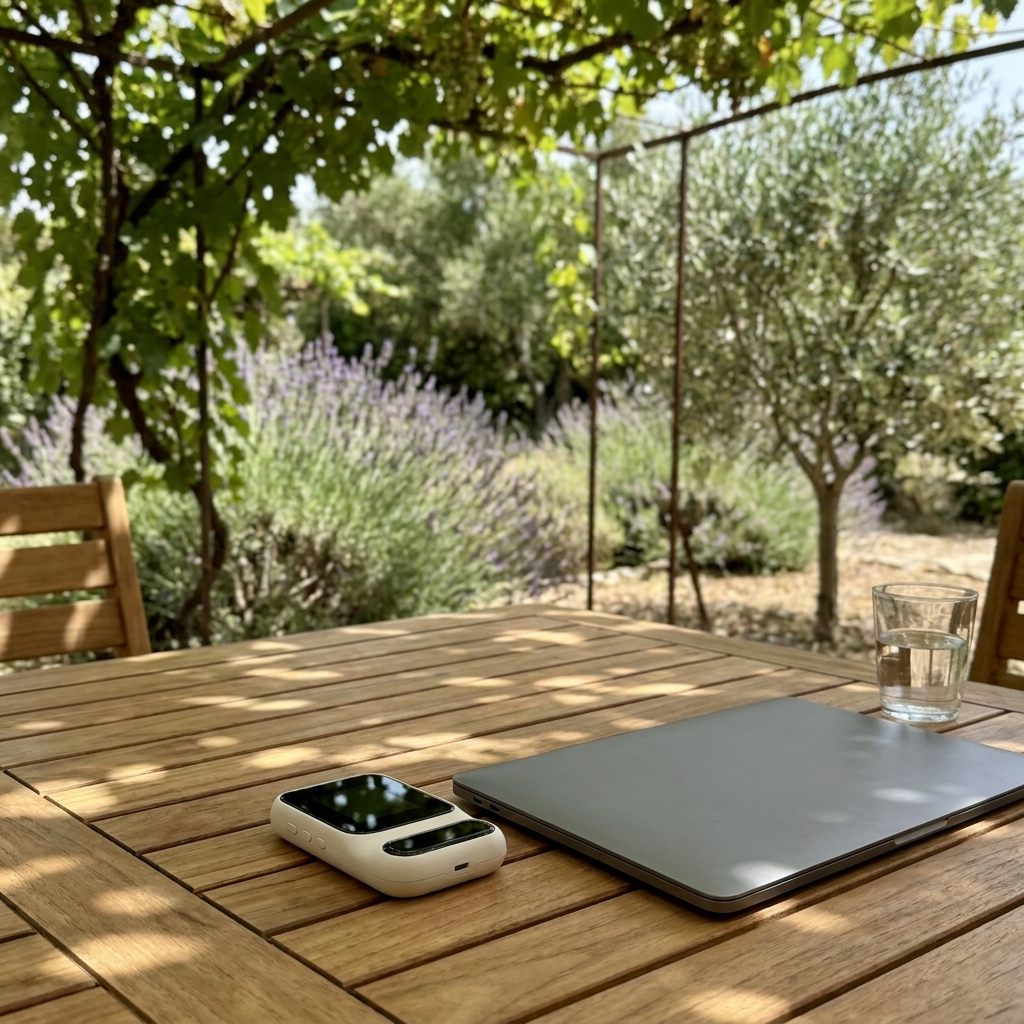 Routeur 4G sur une table de jardin en teck, à l'ombre d'une pergola