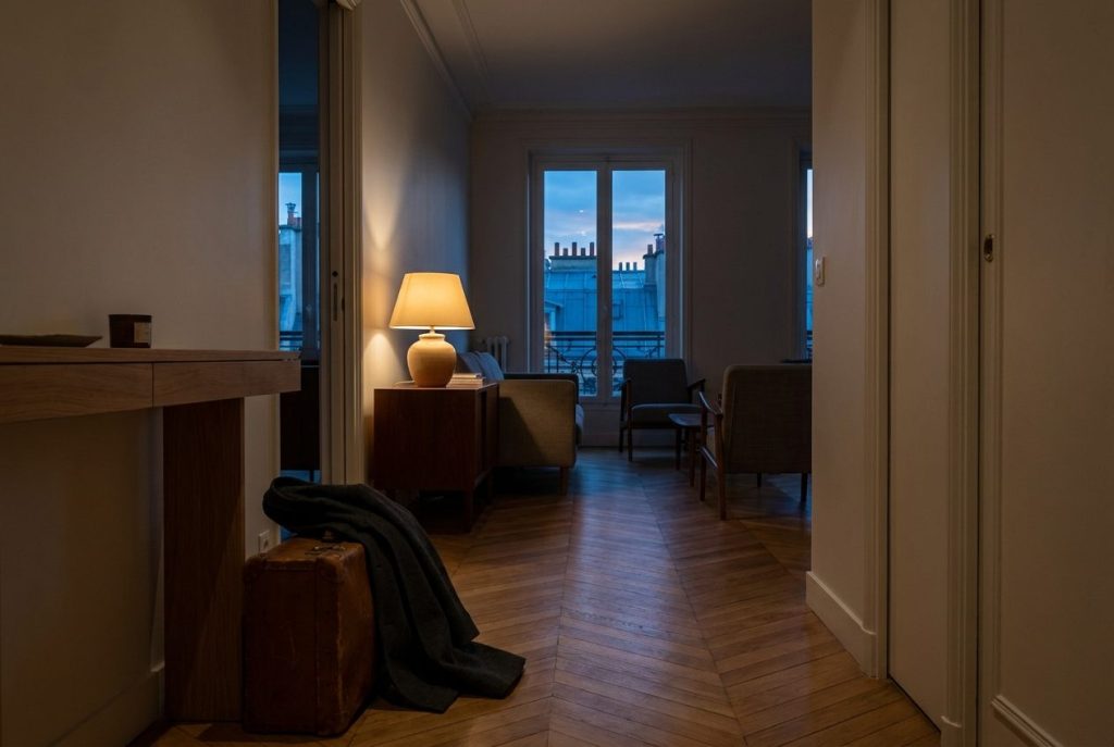 Valise près de la porte d'entrée et lampe allumée dans le salon d'un appartement vide